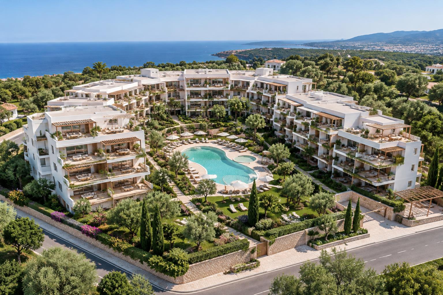 Vista aérea de la promoción ficticia Residencial Mar Serena