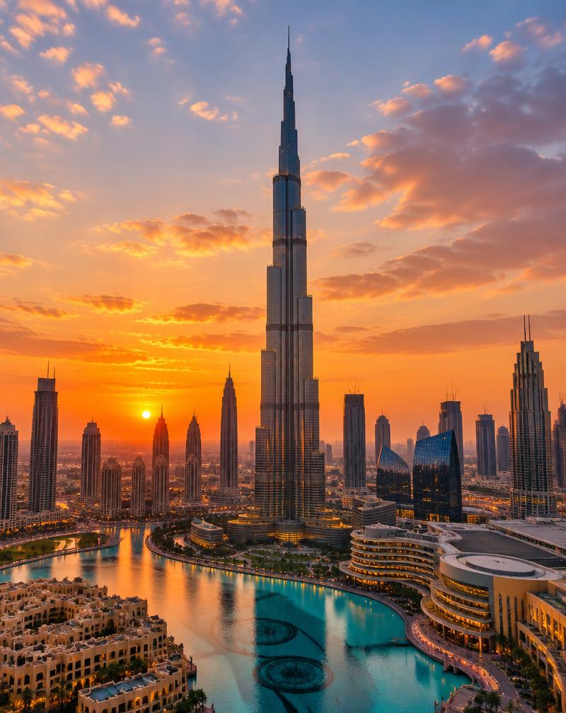 Downtown Dubai with the Burj Khalifa at sunset