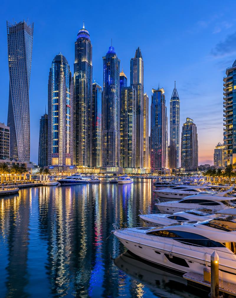Dubai Marina: skyscrapers and yachts at dusk