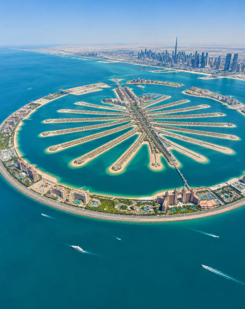 Aerial view of Palm Jumeirah over the turquoise sea