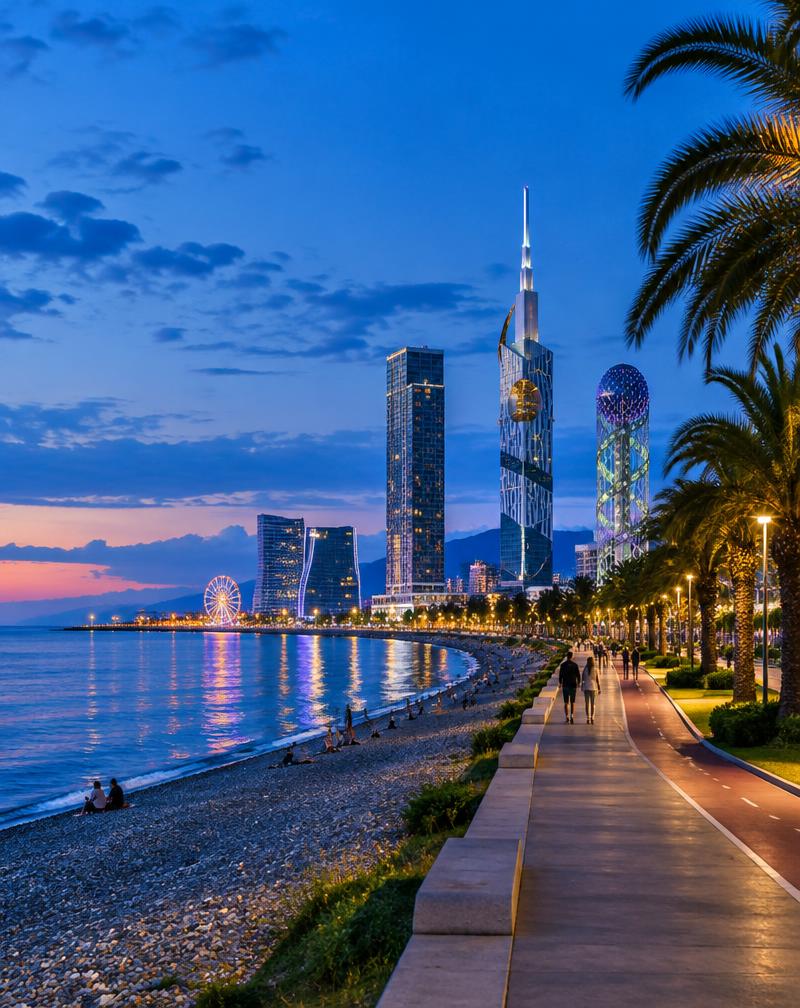 Batumi: Black Sea promenade with its towers at dusk