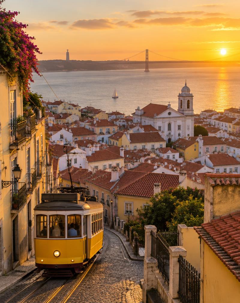 Lisbon: Alfama rooftops with the tram and the Tagus at sunset