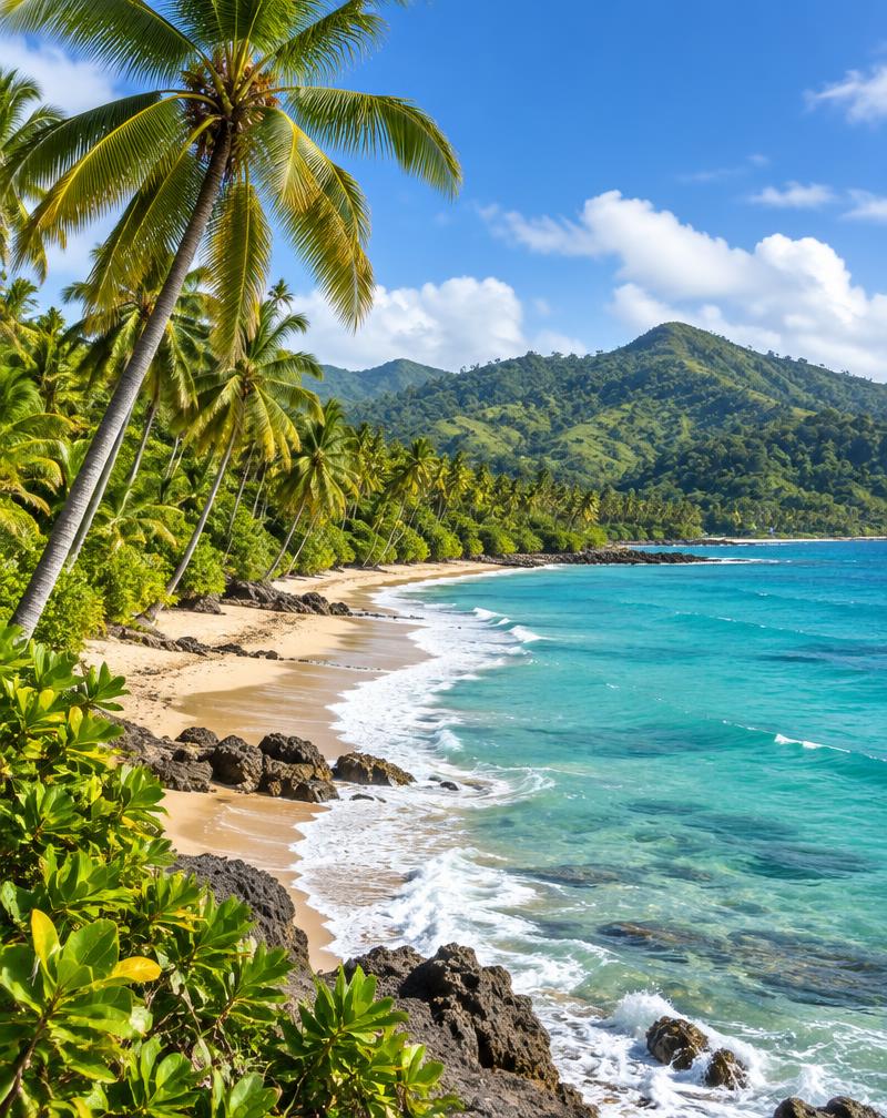 Las Terrenas: wild beach with coconut trees and green mountains